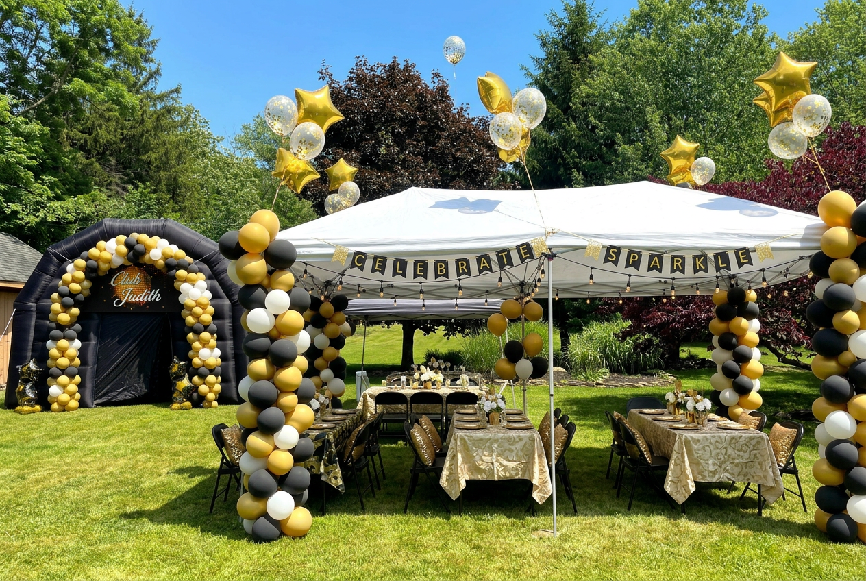 PopHaus inflatable nightclub set up in a backyard with party tent and tables